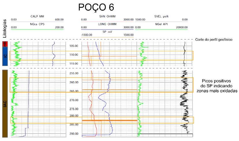 Figura 9 Perfil geofísico do poço 6 O poço 7 apresenta composição também predominantemente de itabiritos, entretanto, ao contrário do poço 3, aqui predominam os itabiritos compactos (50%) em