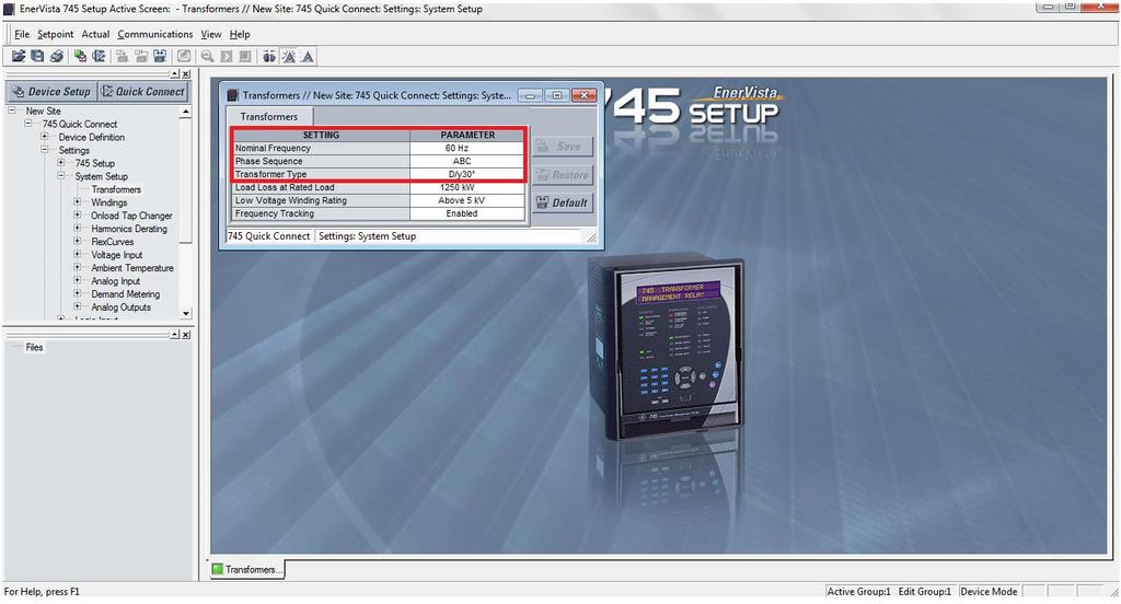 Quick Connect > Settings > System Setup e efetue um duplo clique em Transformer, nela ajuste os