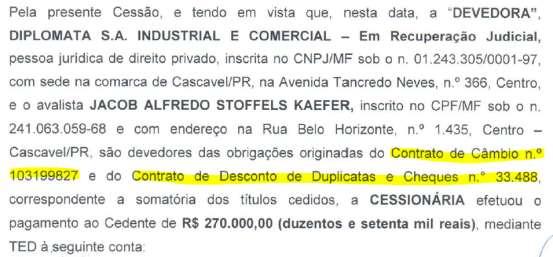 Em 23.09.2013 a Brasil Distressed cedeu a totalidade do crédito para a empresa Interagro Indústria e Comércio Ltda., agora pelo valor de R$ 700.000,00, para pagamento em 30 parcelas no valor de R$ 23.