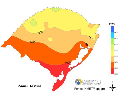 Figura 2. Precipitação pluvial média anual (mm) durante a ocorrência de eventos El Niño, La Niña, anos Neutros e a média geral. Dados do período 1961-2010, Rio Grande do Sul.
