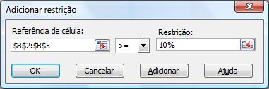 O Solver oferece uma solução matematicamente possível. Mas nem sempre esta é a melhor solução. Por exemplo, ele poderia sugerir que você aplicasse 120% em poupança o que não é possível!