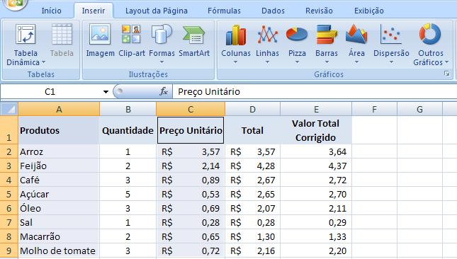 Utilizando a planilha de Cesta básica vista nas páginas anteriores, criaremos um gráfico representando os valores de Produto e de