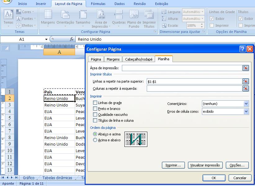 Um dos botões de configuração de página, Imprimir Títulos, merece explicação especial. Imprimindo Linhas de Título 1 2 Veja a planilha ao lado, ela é muito grande e será impressa em VÁRIAS PÁGINAS.