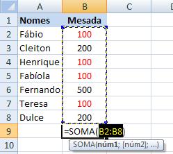 Inserção/Edição de dados Colar especial 1 A célula B9 ao lado contém a fórmula =SOMA(B2:B8).