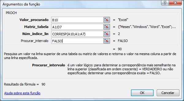 4. Em Valor_procurado, digite B10. Nossa função vai procurar o curso indicado em B10: Excel. 4 7 5 6 5. Em Matriz_tabela indique as células da tabela de cursos: $A$1:$D$7. 6. Núm_índice_lin indica o número da linha (1, 2.