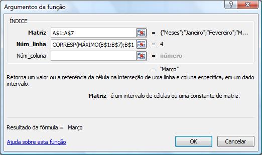 Clique no botão Inserir, Função e localize a função ÍNDICE. 4. Na caixa Matriz do quadro que aparece, selecione A1:A7. 1 5.