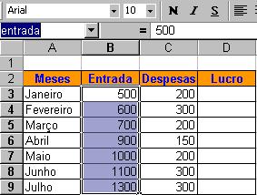 O trabalho com nomes Nomeando intervalos Os nomes facilitam a interpretação das fórmulas. A fórmula Receita-Despesa na figura ao lado é muito mais intuitiva do que A3-B3.