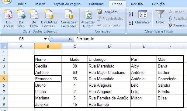 1 Um recurso muito útil é a classificação de células. Vamos colocar os dados ao lado em ordem alfabética de NOMES. 1. Deixe o cursor em QUALQUER LUGAR da coluna Nome. 2. Vá para a guia Dados. 3.