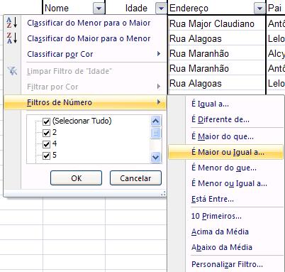 Você pode filtrar conforme os mais variados tipos de critério, veja: 8 Idade MAIOR OU IGUAL a 30 8. Clique no filtro de Idade. 9. Escolha Filtros de Número. 9 10. Selecione É Maior ou Igual a. 11.