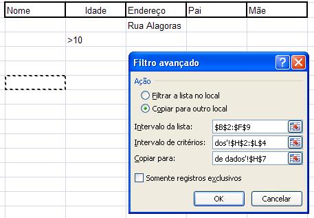 Aparece o quadro Filtro avançado, onde você fornecerá as informações necessárias para o Excel executar o filtro.