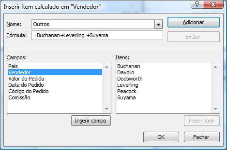 3. Digite Outros na caixa Nome do item calculado. 4. Clique agora na caixa Fórmula e digite a fórmula =Buchanan+Leverling +Suyama. 5.