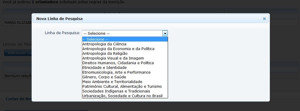 Ao selecionar a linha de pesquisa, o candidato deve clicar no botão "Salvar" para retornar a tela anterior.