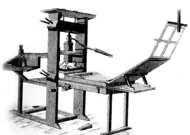 23 Figura 05 - Prensa para impressão seriada Fonte: Adaptado de Appleton's Cyclopedia of Applied Mechanics (1892). Bacelar (1999, p. 2) considerou a prensa de Gutenberg como: [.