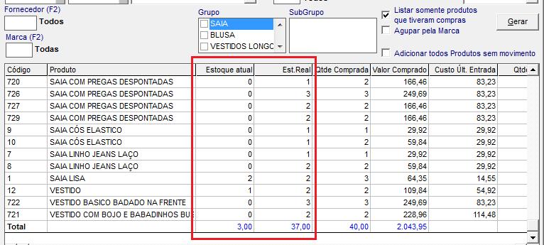 Estoque Atual: Será definido de acordo com todas as