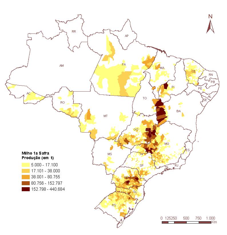 Figura 33 Mapa da produção agrícola Milho primeira safra Fonte: onab/ibge.