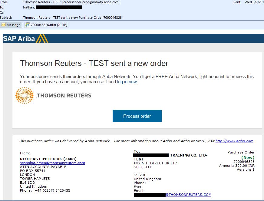 1 Localize e abra a notificação de e-mail original da ordem de compra (certifique-se de selecionar o e-mail da ordem de compra correta se você tiver diversas ordens de compra com a Thomson Reuters)