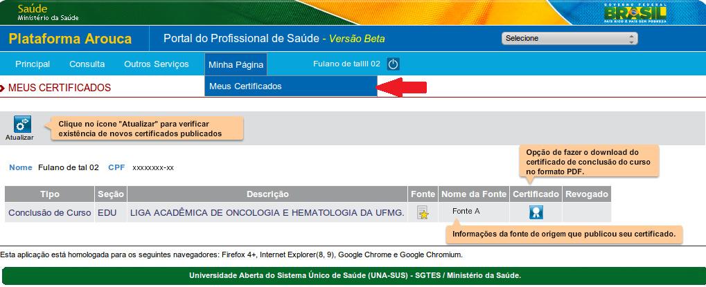 4.2 Usuários cadastrados no CNPS com dados confirmados (não vinculados à UFMG) Caso o usuário tenha cadastrado uma nova conta para acessar a Plataforma Arouca e tenha confirmado os seus dados, poderá