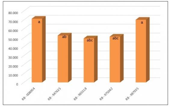 Figura 2. Biomassa de ponteiras das cinco melhores cultivares de ciclo médio/tardio. Os valores apresentados se referem a uma média de 3 colheitas.
