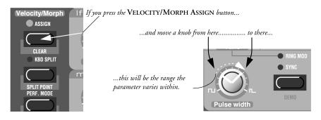 O LED VELOCITY/MORPH ASSIGN está agora aceso para indicar que pelo menos um parâmetro no som é dependente de Velocity.