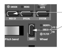 3. Mantenha pressionada a tecla SHIFT e pressione a tecla MIDI CH (Unison). A tecla MIDI CH. A tecla SHIFT. O DISPLAY irá agora mostrar o ajuste de Canal MIDI (MIDI Channel) para o Slot A (1-16, off).