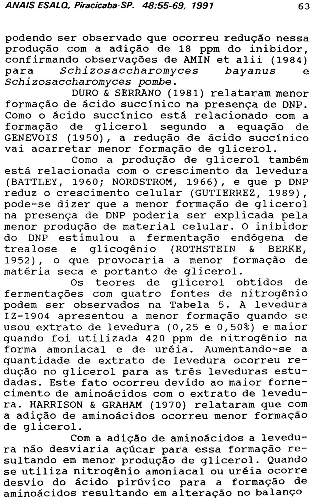 podendo ser observado que ocorreu redução nessa produção com a adição de 18 ppm do inibidor, confirmando observações de AMIN et alii (1984) para Schizosaccharomyces bayanus e Schizosaccharomyces