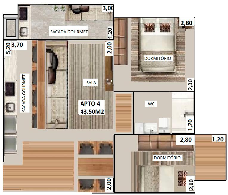 2º ANDAR - Apto 24 (fundos) 3º ANDAR - Apto 34 (fundos) sacada gourmet, garden Apartamento: 42,50 m 2 Área total privativa: 52,50 m 2 Opção de vagas extras! PREÇO DA CONCORRÊNCIA (R$7.000,00 O M2)!