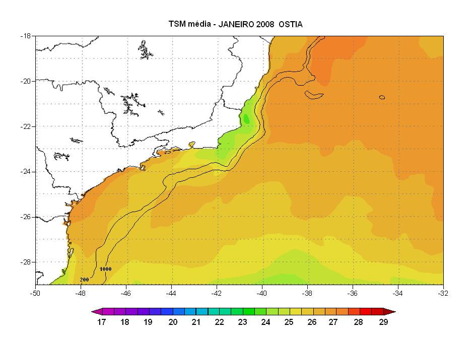 Figura 3 Comparação entre as bases de dados de TSM OSTIA e RTG_SST_HR para o mês de janeiro de 2008: acima, à esquerda, média mensal de TSM OSTIA. Acima, à direita, média mensal de TSM RTG_SST_HR.