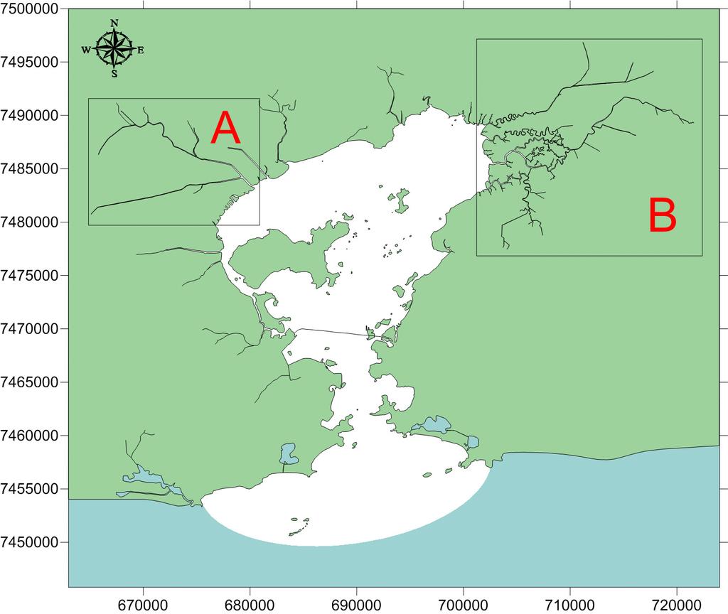 Figura 4.1.5.1 - Domínio de modelagem da Baía de Guanabara. Vale ressaltar que as regiões A e B (figura 4.1.5.1) contém os rios Iguaçu/Sarapuí e rios Caceribú e Guapimirim, respectivamente, e correspondem às áreas de maior interesse neste estuário.