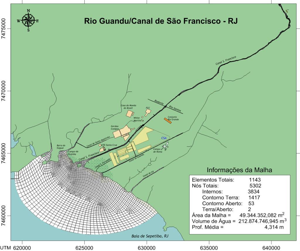 4.2.2. Rio Guandu/Canal de São Francisco A figura 4.2.2.1 apresenta a malha de elementos finitos elaborada para do Modelo do rio Guandu/canal de São Francisco.