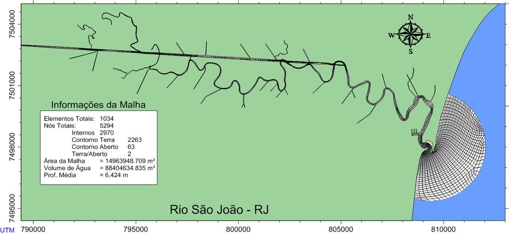 4.2.3. Rio São João A figura 4.2.3.1 apresenta a malha de elementos finitos elaborada para o Modelo do rio São João. Figura 4.2.3.1 - Malha de elementos finitos com 1.034 elementos e 5.