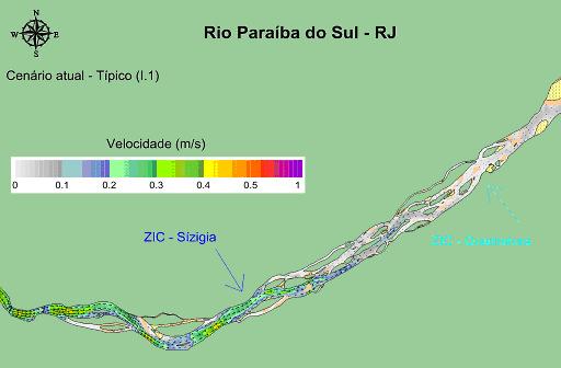 A figura 5.1.3 ilustra um instante da maré de quadratura em que o limite da ZIC mais se estendeu para montante. Figura 5.1.3 - Instante de maré de quadratura em que o limite da ZIC se estendeu mais para montante do rio Paraíba do Sul.