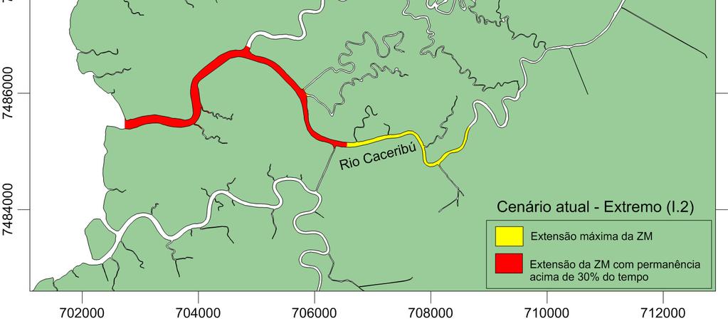 foz. Rio Caceribú Extensão máxima da zona de intrusão salina: 8 km a partir da foz.