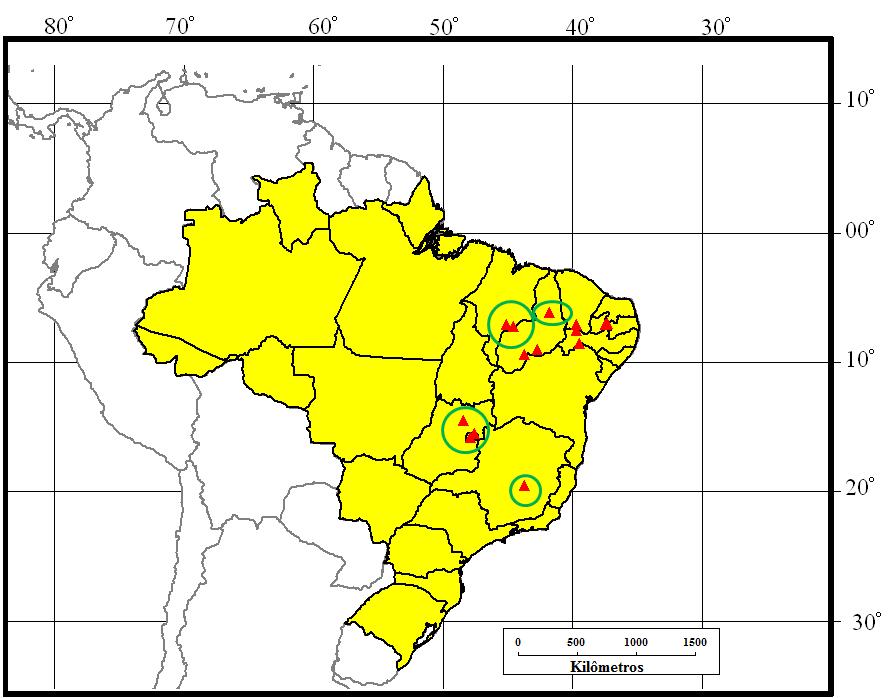 Capítulo 5 106 Figura 3: Localidades dos exemplares de M. sanborni examinados. Em destaque, os registros para os Estados: Distrito Federal, Goiás, Maranhão, Minas Gerais e Piauí. Tabela 3.