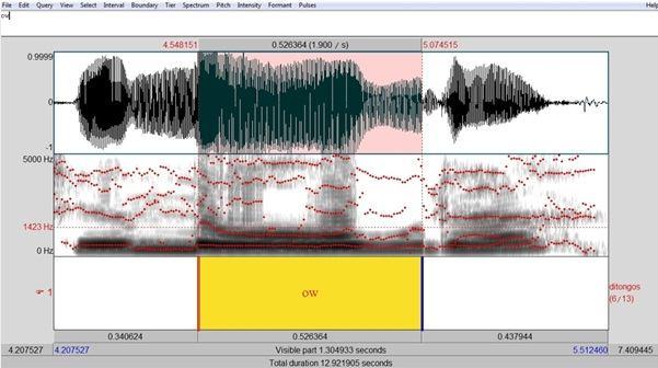 O espectrograma da figura (4) aponta a ditongação do ditongo oral medial decrescente [ow] de um sujeito do primeiro ano, pois quase todos os sujeitos do