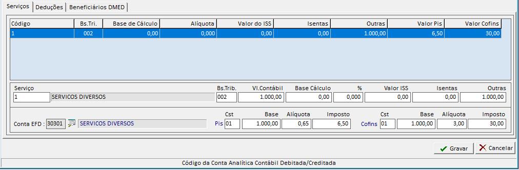 Tabela de Integração da Escrita Fiscal No módulo Fiscal ao acessar o lançamento da Nota Fiscal de Serviço