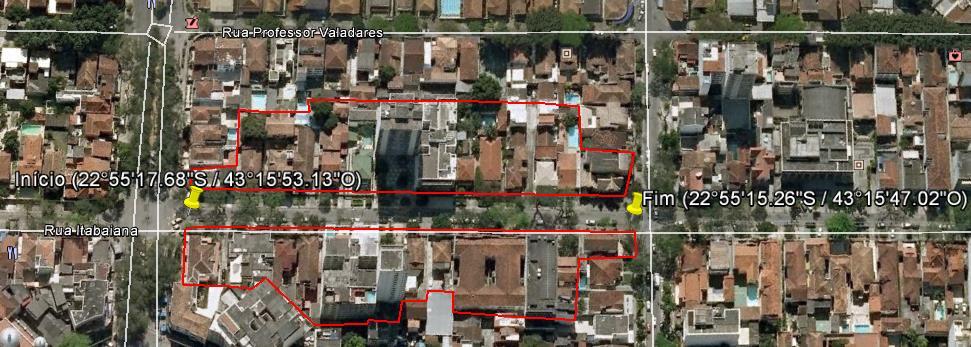 Este trecho da rua Itabaiana, com extensão de 179 metros e largura de 7 metros, tem calçadas com largura média de 3 metros e galeria de drenagem subterrânea com 0,6 metros de diâmetro, situada a uma