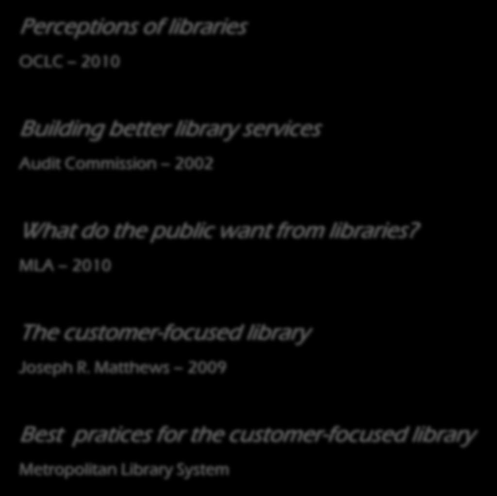 Perceptions of libraries OCLC 2010 Building better library services Audit Commission 2002 Documentos de referência What do the public want from