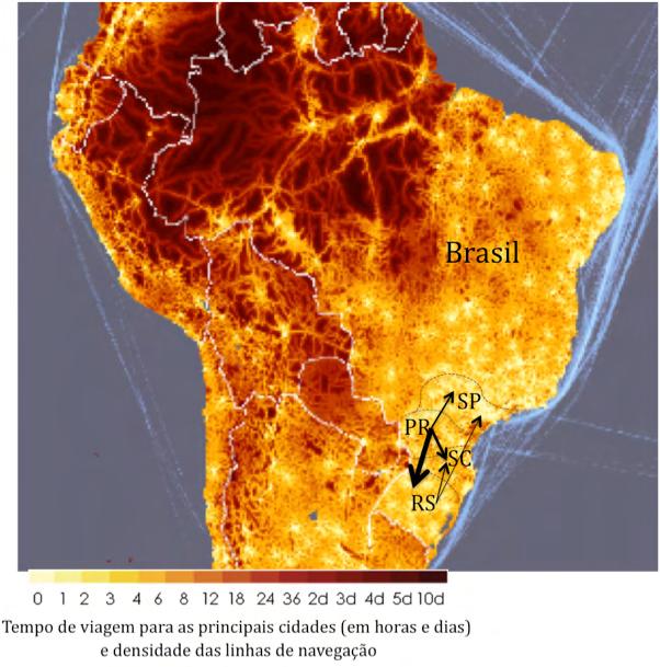 117 O mapa de acessibilidade (Figura 31) mostra o tempo estimado de deslocamento dos principais centros urbanos (> 500.000 habitantes) para qualquer lugar de interesse no mapa.