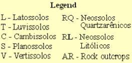 Quartzarenicos + Rock Outcrops), RQ + L(Neossolos Quartzarenicos + Latossolos), V+C(Vertissolos, Cambissolos), T (Luvissolos).