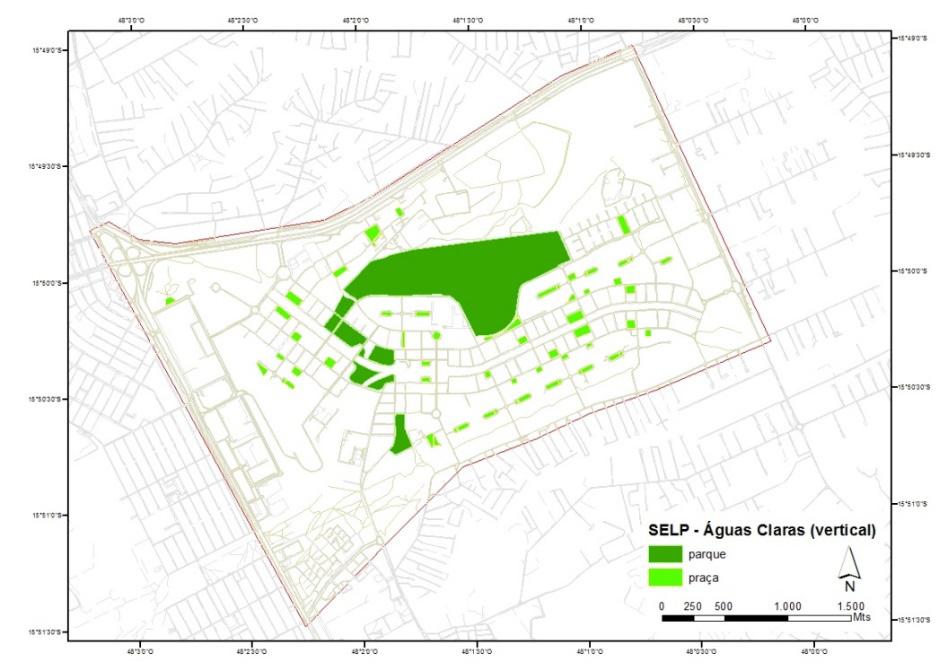 Análise de sintaxe espacial sobre o sistema de espaços livres urbanos tribuídos entre sessenta e quatro praças, nem todas nominadas, e três parques (Figura 3), que são: o Ecológico de Águas Claras, o