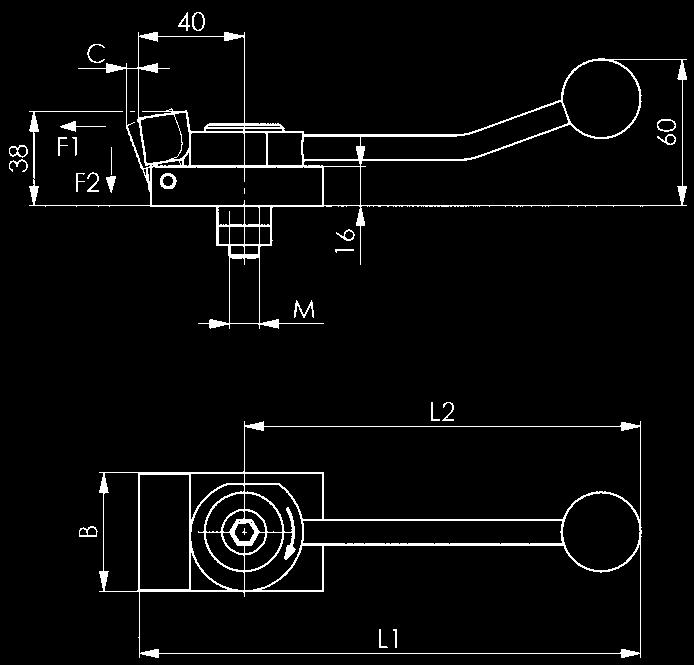 lateral com alavanca excêntrica temperado e polido. Aperto rápido através da alavanca do excêntrico. Altura reduzida.