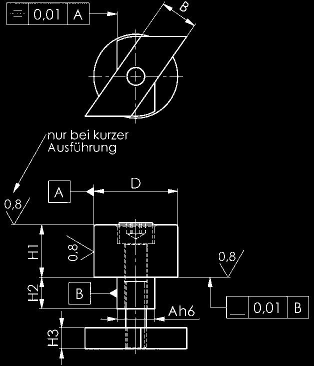 Ranhura A h6 B -0,6 D ±0,01 H1 ±0,01 curto H1 ±0,2 comprido H2 H3 Parafuso ISO 4762 75150 12 0-0,011 12 20 15-8 6 M6x25 55 75192 12 0-0,011 12