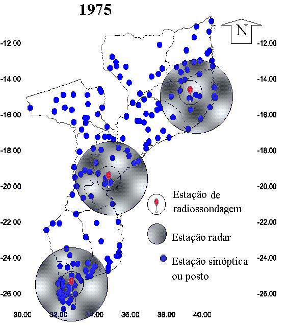 agroclimatológicos, climatológicos e udométricos, estações de altitude e radares (Figura 2 e 3). Figura 2. Rede de estações meteorológicas que funcionou em 1975.