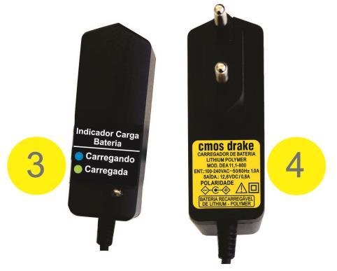 3 Led indicador de carga da bateria: Led azul Bateria carregando; Led Verde Bateria carregada.