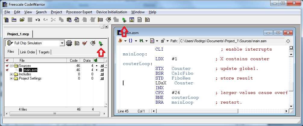 Ao início do processo de simulação, o código-fonte implementado é compilado e depois montado, de forma a se obter o arquivo com o código de máquina a ser simulado pelo ambiente.