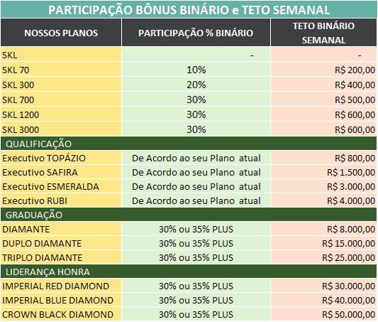 Tabela de similação: INATIVIDADE: Em caso de Inatividade dentro do ciclo (30 dias), os pontos Binários não Utilizados serão ZERADOS.