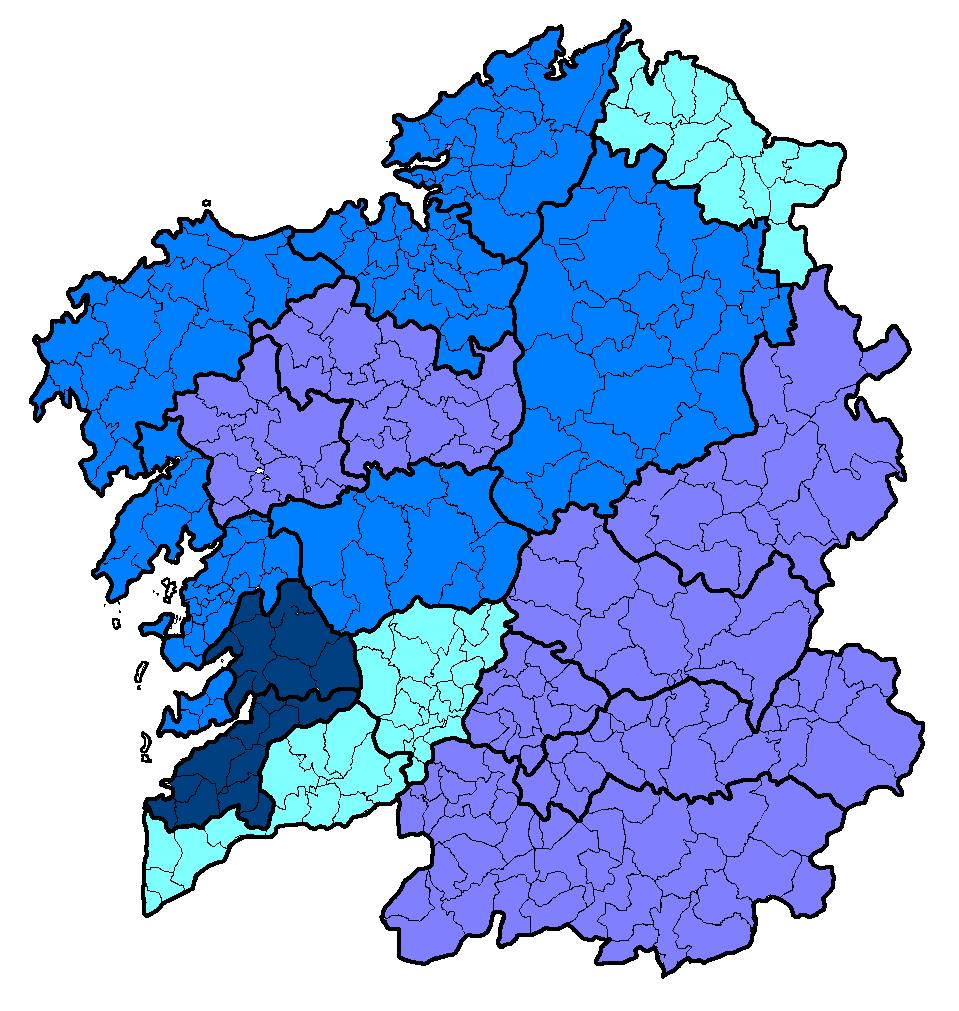 Mapa de persoas que enviaron formularios cumprimentados ás AAPP a través de Internet nos últimos tres meses por xénero e áreas comarcais MULLERES HOMES 34,6 26,2 34 22,9 38 32,5 44,6 47,7 36,7 34,4