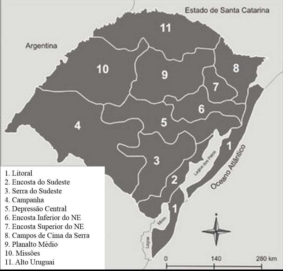 Figura 2 - Regiões fisiográficas do Rio Grande do Sul (adaptado de SEMA-RS/UFSM, 2001).
