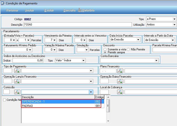 Relacionar o Cadastro da Comissão com o cadastro da Condição de Pagamento, a indicação do campo da Condição de Pagamento, Figura 28. Figura 28 Cadastro de Condição de Pagamento.