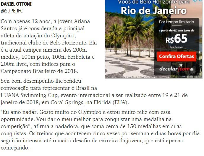 Natação Cont...Portal O Tempo - 04 de outubro de 2017. Link: http://www.otempo.com.